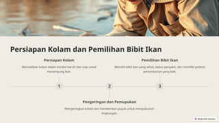 Persiapan Kolam dan Pemilihan Bibit Ikan
1
Persiapan Kolam
Memastikan kolam dalam kondisi bersih dan siap untuk
menampung ikan.
2
Pengeringan dan Pemupukan
Mengeringkan kolam dan memberikan pupuk untuk menyuburkan
lingkungan.
3
Pemilihan Bibit Ikan
Memilih bibit ikan yang sehat, bebas penyakit, dan memiliki potensi
pertumbuhan yang baik.
 