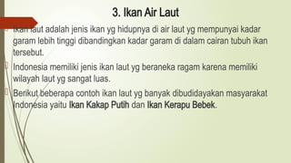 3. Ikan Air Laut
 Ikan laut adalah jenis ikan yg hidupnya di air laut yg mempunyai kadar
garam lebih tinggi dibandingkan kadar garam di dalam cairan tubuh ikan
tersebut.
 Indonesia memiliki jenis ikan laut yg beraneka ragam karena memiliki
wilayah laut yg sangat luas.
 Berikut beberapa contoh ikan laut yg banyak dibudidayakan masyarakat
Indonesia yaitu Ikan Kakap Putih dan Ikan Kerapu Bebek.
 