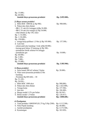 Rp. 15.000,-
Rp. 60.000,-
  Jumlah biaya prasarana produksi                  Rp. 2.052.000,-

2) Biaya sarana produksi
 a. Bibit DOC 1000 bh @ Rp 900,-                   Rp. 900.000,-
 b. Pakan dan obat-obatan
 - BR-1 31 zak (0-4 minggu) @Rp 36.000,
 - BR-2 34 zak (4-6 mingu) @ Rp 34.000,
 - obat-obatan @ Rp 150,-/ekor
 Rp. 1.116.000,-
 Rp. 1.156.000,-
 Rp. 150.000,-
 c. tenaga kerja pelihara 1,5 bln @ Rp 105.000,-   Rp. 157.500,-
 d. Lain-lain
 - sekam padi alas kandang 1 truk @Rp 60.000,-
 - karung goni bekas 32 kantong @ Rp 300,-
 - pemakaian listrik selama 0-6 minggu
 - pemakaian gas                                   Rp. 10.000,-
 Rp. 60.000,-
 Rp. 2.400,-
 Rp. 7.000,-
 Rp. 35.000,-
    Jumlah biaya prasarana produksi                Rp. 3.583.900,-

3) Biaya produksi
 a. Sewa tanah 200 m2 selama 2 bulan               Rp. 20.000,-
 b. Nilai susut prasarana produksi/2 bln
 - kandang
 - Peralatan Rp 805.660,- : 30
 Rp. 51.109,-
 Rp. 26.856,-
 c. Bibit DOC 1000 ekor                            Rp. 900.000,-
 d. Pakan dan obat-obatan                          Rp. 2.422.000,-
 e. Tenaga kerja                                   Rp. 157.500,-
 f. lain-lain                                      Rp. 104.400,-
 g. Bunga modal 1,5% per bulan                     Rp. 84.543,-
 h. Bulan modal 1,5 bulan                          Rp. 126.815,-
    Jumlah biaya prasarana produksi                Rp. 3.808.680,-

4) Pendapatan
 a. Total produksi 1000X94%X1,75 kg X Rp 2500,-    Rp. 4.112.500,-
 b. Nilai Pupuk kandang                            Rp. 60.000,-
 c. Jumlah pendapatan                              Rp. 4.172.500,-
 d. Keuntungan                                     Rp. 363.820,-
 