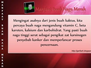 Mengingat asalnya dari jenis buah kaktus, kita
percaya buah naga mengandung vitamin C, beta
karoten, kalsium dan karbohidrat. Yang pasti buah
naga tinggi serat sebagai pengikat zat karsinogen
penyebab kanker dan memperlancar proses
pencernaan.
http://garfazh.blogspo
 