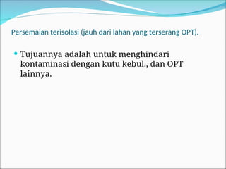 Persemaian terisolasi (jauh dari lahan yang terserang OPT).
 Tujuannya adalah untuk menghindari
kontaminasi dengan kutu kebul., dan OPT
lainnya.
 