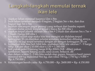 1. siapkan lahan minimal luasnya 12m x 8m
2. buat lahan tersebut menjadi 4 bagian, 2 bagian 3m x 4m, dan dua
bagian lagi 3m x 5m
3. buatlah rancangan pagar persegi yang terbuat dari bambu seperti
ukuran diatas untuk tempat terpal ( biaya Rp.500 ribu )
4. siapkan terpal plastik ukuran 5m x 6m = 2 buah dan ukuran 5m x 7m =
2 buah ( harga 600 ribu )
5. klu terpal sudah siap maka kita bisa mengisi air didalam terpal
ketinggian 30 cm,diamkan selama semalam kemudian dibuang airnya.
dan kita isi lagi terpal tersebut dengan air dengan ketinggian 30 cm
6. kemudian kita bisa beli bibit lele, usahakan bibit lele ukuran 7 - 9 harga
@Rp. 130 per ekor ( 10.000 ekor x 130 = 1.300.000
7. beli pakan pelet 8 karung harga @ Rp.200rb (NB : diberi pakan
tambahan, seperti batang ayam, usus ayam, bekecot, dll
8. dan dalam waktu 2 - 3 bln kita sudah siap panen, biasanya hasil panen
minimal 600 kg maksimal 9oo kg, dan rata2 750 kg, ( 750 kg x 9.000 =
Rp. 6.750.000 ).
 9. Keuntungan bersih yaitu Rp. 6.750.000 – Rp. 2600.000 = Rp. 4.150.000
 