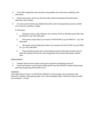 4. Tanam bibit hingga leher akar, kemudian tutup padatkan dari media tanam sekeliling, siram
pelan-pelan.
5. Lakukan penyiraman, secara rutin dan bila sudah tumbuh kuat letakkan ditempat terbuka,
dibutuhkan sinar matahari.
6. Turus atau ajir dari bambu yang dibelah dibutuhkan untuk menopang batang tanaman, setelah
umur tanaman di polybag 1 minggu.
4. Pemupukan
1. Pemberian pupuk susulan dilakukan umur tanaman 30-40 hst. Memakai pupuk NPK, 10 gr
dan KNO3 0,5-1 gr / liter (dilarutkan)
2. Pemupukan susulan kedua umur tanaman 70-80 hst NPK 15 gr dan KNO3 0,5 – 1 gr / liter
(dilarutkan)
3. Pemupukan susulan ketiga atau terakhir umur tanaman 110-120 hst NPK 17 gr dan KNO3
0,5-1 gr / liter (dilarutkan).
4. Pupuk tambahan (pupuk daun, zat perangsang tumbuh), dibutuhkan tanaman menurut
selera dan keadaan fisik tanaman, bila menggunakan lihat kemasan label jangan melebihi
dosis.
PEMELIHARAAN
1. Usahakan sekitar tanaman tidak tumbuh gulma (organisme pengganggu tanaman)
2. Lakukan perampesan / pembuangan cabang wiwilan atau daun tumbuh di bawah cabang utama
dan buang bunga yang pertama kali muncul.
MEMANEN
Cabai dapat dipanen kisaran umur 80-90 hari dilakukan 1-2 kali seminggu menurut kebiasaan dan
kebutuhan, usahakan cabang jangan patah. Umur cabai di polybag dengan media tanam yang memadai
bisa mencapai 5 – 6 bulan.
 
