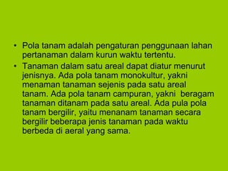 • Pola tanam adalah pengaturan penggunaan lahan
pertanaman dalam kurun waktu tertentu.
• Tanaman dalam satu areal dapat diatur menurut
jenisnya. Ada pola tanam monokultur, yakni
menaman tanaman sejenis pada satu areal
tanam. Ada pola tanam campuran, yakni beragam
tanaman ditanam pada satu areal. Ada pula pola
tanam bergilir, yaitu menanam tanaman secara
bergilir beberapa jenis tanaman pada waktu
berbeda di aeral yang sama.
 