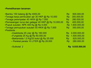 •Pemeliharaan tanaman
•Bambu 150 batang @ Rp 4000,00 Rp 600.000,00
•Tenaga kerja pembuatan ajir 30 HKP @ Rp 10.000 Rp 300.000,00
•Tenaga perempelan 40 HKW @ Rp 7.000 Rp 280.000,00
•Pemasangan turus dan gelagar 40 HKP @ Rp 10.000,00 Rp 400.000,00
•Pupuk susulan, NPK 400 Kg @ Rp 4.000 Rp 1.600.000,00
•Tenaga pemupukan susulan 50 HKW @ Rp 7.000 Rp 350.000,00
•Pestisida :
–Insektisida 25 Liter @ Rp 160.000 Rp 4.000.000,00
–Fungisida 25 Kg @ Rp 60.000,00 Rp 1.500.000,00
–Bakterisida 1,5 Kg/25 botol @ Rp 25.000 Rp 625.000,00
– Perekat perata 10 LITER @ Rp 28.000 Rp 280.000,00
–Subtotal 2 Rp 9.935.000,00
 