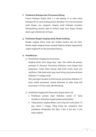 12 
f. Pembuatan Bedengan dan Penyusunan Bekong 
Ukuran bedengan dengan lebar 1 m dan panjang 15 m, jarak antara 
bedengan 60 cm. lantai bedengan harus dinaikkan 10 cm dari permukaan 
tanah dengan cara mengeruk sebagian tanah bedengan kemudian 
bekong-bekong disusun rapid an berbaris tegak lurus dengan ditutupi 
plastic agar terhindar dari air hujan. 
g. Pembuatan Rangka Sungkup untuk Plastik Selubung 
Rangka sungkup dibuat untuk dari belahan bamboo dan tali raffia. 
Bentuk rangka sungkup berupa setengah lingkaran dengan tinggi puncak 
rangka sungkup 40 cm dari permukaan bekong. 
h. Pemeliharaan 
1) Pemeliharaan Sungkup dan Penyiraman 
Sungkup plastic harus dijaga tetap rapat. Jika terlihat ada genang-genangan 
air diatasnya. Penyiraman dilakukan sesuai dengan hasil 
pengecekan. Tanah dalam bekong tidak boleh terlalu basah atau 
sebaliknya. Pada tanah-tanah yang cepat kering, penyiraman pertama 
dilakukan 3-4 minggu sekali. 
Nah yang dapat menahan air lebih banyak, penyiraman dilakukan 2-3 
bulan setelah penanaman. Jumlah kebutuhan air pada setiap kali 
penyiraman 5-10 liter untuk 100-200 bekong. 
2) Pembukaan Sungkup dan Penyesuaian dengan udara Luar 
a. Pembukaan pertama dapat dilakukan setelah 3-4 bulan 
(hendaknya didasarkan kepada keadaan pertumbuhan) 
b. Tahap pertama sungkup dibuka 2 jam setiap hari mulai pukul 7-9 
pag, selama 2 minggu. Tahap kedua dan selanjutnya lama 
pembukaan ditingkatkan dari 4jam, 6 jam, 8 jam dan 12 jam 
tanpa sungkup. 
 