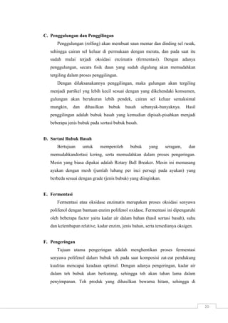 20 
C. Penggulungan dan Penggilingan 
Penggulungan (rolling) akan membuat saun memar dan dinding sel rusak, 
sehingga cairan sel keluar di permukaan dengan merata, dan pada saat itu 
sudah mulai terjadi oksidasi enzimatis (fermentasi). Dengan adanya 
penggulungan, secara fisik daun yang sudah digulung akan memudahkan 
tergiling dalam proses penggilingan. 
Dengan dilaksanakannya penggilingan, maka gulungan akan tergiling 
menjadi partikel yng lebih kecil sesuai dengan yang dikehendaki konsumen, 
gulungan akan berukuran lebih pendek, cairan sel keluar semaksimal 
mungkin, dan dihasilkan bubuk basah sebanyak-banyaknya. Hasil 
penggilingan adalah bubuk basah yang kemudian dipisah-pisahkan menjadi 
beberapa jenis bubuk pada sortasi bubuk basah. 
D. Sortasi Bubuk Basah 
Bertujuan untuk memperoleh bubuk yang seragam, dan 
memudahkandortasi kering, serta memudahkan dalam proses pengeringan. 
Mesin yang biasa dipakai adalah Rotary Ball Breaker. Mesin ini memasang 
ayakan dengan mesh (jumlah lubang per inci persegi pada ayakan) yang 
berbeda sesuai dengan grade (jenis bubuk) yang diinginkan. 
E. Fermentasi 
Fermentasi atau oksidase enzimatis merupakan proses oksidasi senyawa 
polifenol dengan bantuan enzim polifenol oxidase. Fermentasi ini dipengaruhi 
oleh beberapa factor yaitu kadar air dalam bahan (hasil sortasi basah), suhu 
dan kelembapan relative, kadar enzim, jenis bahan, serta tersedianya oksigen. 
F. Pengeringan 
Tujuan utama pengeringan adalah menghentikan proses fermentasi 
senyawa polifenol dalam bubuk teh pada saat komposisi zat-zat pendukung 
kualitas mencapai keadaan optimal. Dengan adanya pengeringan, kadar air 
dalam teh bubuk akan berkurang, sehingga teh akan tahan lama dalam 
penyimpanan. Teh produk yang dihasilkan bewarna hitam, sehingga di 
 