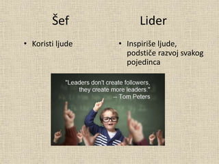 Šef Lider
• Koristi ljude • Inspiriše ljude,
podstiče razvoj svakog
pojedinca
 
