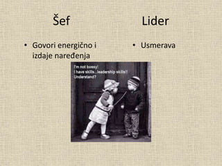 Šef Lider
• Govori energično i
izdaje naređenja
• Usmerava
 