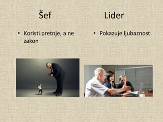 Šef Lider
• Koristi pretnje, a ne
zakon
• Pokazuje ljubaznost
 
