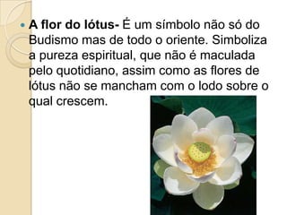 A flor do lótus- É um símbolo não só do Budismo mas de todo o oriente. Simboliza a pureza espiritual, que não é maculada pelo quotidiano, assim como as flores de lótus não se mancham com o lodo sobre o qual crescem.