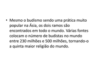 Mesmo o budismo sendo uma prática muito popular na Ásia, os dois ramos são encontrados em todo o mundo. Várias fontes colocam o número de budistas no mundo entre 230 milhões e 500 milhões, tornando-o a quinta maior religião do mundo.