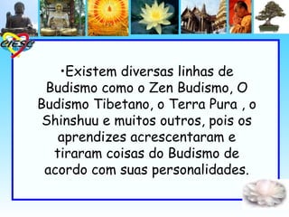 •Existem diversas linhas de
 Budismo como o Zen Budismo, O
Budismo Tibetano, o Terra Pura , o
 Shinshuu e muitos outros, pois os
   aprendizes acrescentaram e
  tiraram coisas do Budismo de
 acordo com suas personalidades.
 