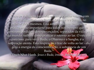 ...Caso se voltassem para eles mesmos e observassem com
     atenção, alcançariam o Buda, o Dharma e a Sangha no
    interior deles mesmos. Esta ainda continua sendo uma
   prática muito importante para todos nós. Sempre que se
sentirem perdidos, desesperançados, separados da vida ou
do mundo, saibam como praticar o retorno ao lar. O veículo
     para isso, para ver o Buda, o Dharma e a Sangha, é a
respiração atenta. Esta respiração o traz de volta ao lar - ela
     gera a energia da conscientização, a substância de um
                             Buda.”
    (Thich Nhat Hanh. Jesus e Buda, irmãos. Bertrand Brasil)
 