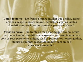 Votos do noivo: "Em frente à minha mulher que acolho, aceito
  ama-la e respeitá-la, ser amável, ser fiel, delegar as tarefas
    domésticas e providenciar presentes para a satisfazer”.

  Votos da noiva: “Em frente ao meu marido que acolho, aceito
 realizar as tarefas domésticas eficazmente, ser hospitaleira para
com os seus parentes e amigos, ser fiel, proteger os nossos ganhos,
         efetuar as minhas responsabilidades com amor e
                       conscienciosamente”.
 