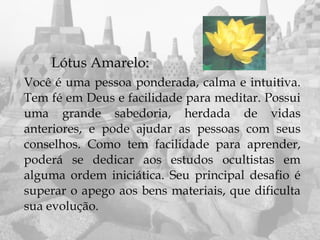 Lótus Amarelo:
Você é uma pessoa ponderada, calma e intuitiva.
Tem fé em Deus e facilidade para meditar. Possui
uma grande sabedoria, herdada de vidas
anteriores, e pode ajudar as pessoas com seus
conselhos. Como tem facilidade para aprender,
poderá se dedicar aos estudos ocultistas em
alguma ordem iniciática. Seu principal desafio é
superar o apego aos bens materiais, que dificulta
sua evolução.
 