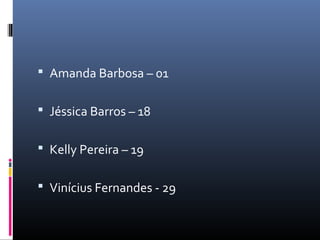  Amanda Barbosa – 01
 Jéssica Barros – 18
 Kelly Pereira – 19
 Vinícius Fernandes - 29
 