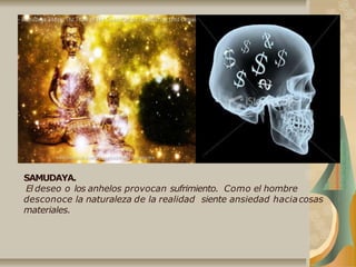 SAMUDAYA.
El deseo o los anhelos provocan sufrimiento. Como el hombre
desconoce la naturaleza de la realidad siente ansiedad haciacosas
materiales.
 