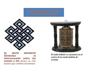 El nudo infinito se encuentra en el
centro de la rueda budista de
oración
EL KARMA SE ENCUENTRA
REPRESENTADO POR:
EL NUTO INFINITO
Simboliza la
interconexión entre las
causas y los efectos, un ciclo
karmico que continua eternamente
 
