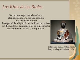 Los Ritos de los Budas
Son acciones que están basadas en
alguna creencia , ya sea una religión,
una ideología política
En especial la religión de los budistas no tenias a
un dios , ellos se basan sus ritos en experimentar
un sentimiento de paz y tranquilidad.
Estatua de Buda, de la dinastía
Tang, en la provincia de Hebei.
 