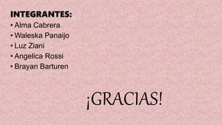 ¡GRACIAS!
INTEGRANTES:
• Alma Cabrera
• Waleska Panaijo
• Luz Ziani
• Angelica Rossi
• Brayan Barturen
 