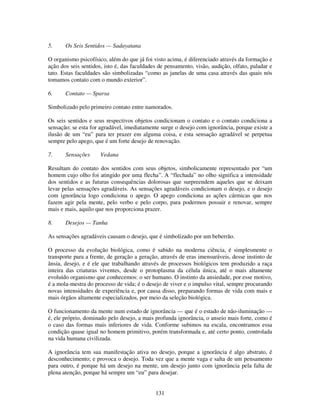 131
5. Os Seis Sentidos — Sadayatana
O organismo psicofísico, além do que já foi visto acima, é diferenciado através da formação e
ação dos seis sentidos, isto é, das faculdades de pensamento, visão, audição, olfato, paladar e
tato. Estas faculdades são simbolizadas “como as janelas de uma casa através das quais nós
tomamos contato com o mundo exterior”.
6. Contato — Sparsa
Simbolizado pelo primeiro contato entre namorados.
Os seis sentidos e seus respectivos objetos condicionam o contato e o contato condiciona a
sensação; se esta for agradável, imediatamente surge o desejo com ignorância, porque existe a
ilusão de um “eu” para ter prazer em alguma coisa, e esta sensação agradável se perpetua
sempre pelo apego, que é um forte desejo de renovação.
7. Sensações Vedana
Resultam do contato dos sentidos com seus objetos, simbolicamente representado por “um
homem cujo olho foi atingido por uma flecha”. A “flechada” no olho significa a intensidade
dos sentidos e as futuras consequências dolorosas que surpreendem aqueles que se deixam
levar pelas sensações agradáveis. As sensações agradáveis condicionam o desejo, e o desejo
com ignorância logo condiciona o apego. O apego condiciona as ações cármicas que nos
fazem agir pela mente, pelo verbo e pelo corpo, para podermos possuir e renovar, sempre
mais e mais, aquilo que nos proporciona prazer.
8. Desejos — Tanha
As sensações agradáveis causam o desejo, que é simbolizado por um beberrão.
O processo da evolução biológica, como é sabido na moderna ciência, é simplesmente o
transporte para a frente, de geração a geração, através de eras imensuráveis, desse instinto de
ânsia, desejo, e é ele que trabalhando através de processos biológicos tem produzido a raça
inteira das criaturas viventes, desde o protoplasma da célula única, até o mais altamente
evoluído organismo que conhecemos: o ser humano. O instinto da ansiedade, por esse motivo,
é a mola-mestra do processo de vida; é o desejo de viver e o impulso vital, sempre procurando
novas intensidades de experiência e, por causa disso, preparando formas de vida com mais e
mais órgãos altamente especializados, por meio da seleção biológica.
O funcionamento da mente num estado de ignorância — que é o estado de não-iluminação —
é, ele próprio, dominado pelo desejo, a mais profunda ignorância, o anseio mais forte, como é
o caso das formas mais inferiores de vida. Conforme subimos na escala, encontramos essa
condição quase igual no homem primitivo, porém transformada e, até certo ponto, controlada
na vida humana civilizada.
A ignorância tem sua manifestação ativa no desejo, porque a ignorância é algo abstrato, é
desconhecimento; e provoca o desejo. Toda vez que a mente vaga e salta de um pensamento
para outro, é porque há um desejo na mente, um desejo junto com ignorância pela falta de
plena atenção, porque há sempre um “eu” para desejar.
 