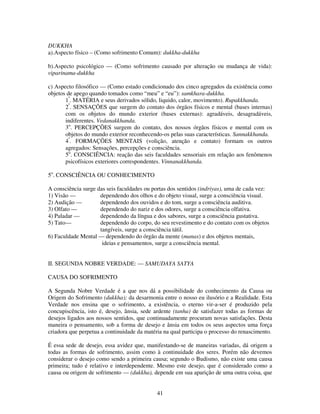 41
DUKKHA
a).Aspecto físico – (Como sofrimento Comum): dukkha-dukkha
b).Aspecto psicológico — (Como sofrimento causado por alteração ou mudança de vida):
viparinama-dukkha
c) Aspecto filosófico — (Como estado condicionado dos cinco agregados da existência como
objetos de apego quando tomados como “meu” e “eu”): samkhara-dukkha.
1º
. MATÉRIA e seus derivados sólido, liquido, calor, movimento). Rupakkhanda.
2º
. SENSAÇÕES que surgem do contato dos órgãos físicos e mental (bases internas)
com os objetos do mundo exterior (bases externas): agradáveis, desagradáveis,
indiferentes. Vedanakkhanda.
3o
. PERCEPÇÕES surgem do contato, dos nossos órgãos físicos e mental com os
objetos do mundo exterior reconhecendo-os pelas suas características. Sannakkhanda.
4º
. FORMAÇÕES MENTAIS (volição, atenção e contato) formam os outros
agregados: Sensações, percepções e consciência.
5o
. CONSCIÊNCIA: reação das seis faculdades sensoriais em relação aos fenômenos
psicofísicos exteriores correspondentes. Vinnanakkhanda.
5o
. CONSCIÊNCIA OU CONHECIMENTO
A consciência surge das seis faculdades ou portas dos sentidos (indriyas), uma de cada vez:
1) Visão — dependendo dos olhos e do objeto visual, surge a consciência visual.
2) Audição — dependendo dos ouvidos e do tom, surge a consciência auditiva.
3) Olfato — dependendo do nariz e dos odores, surge a consciência olfativa.
4) Paladar — dependendo da língua e dos sabores, surge a consciência gustativa.
5) Tato— dependendo do corpo, do seu revestimento e do contato com os objetos
tangíveis, surge a consciência tátil.
6) Faculdade Mental — dependendo do órgão da mente (manas) e dos objetos mentais,
ideias e pensamentos, surge a consciência mental.
II. SEGUNDA NOBRE VERDADE: — SAMUDAYA SATYA
CAUSA DO SOFRIMENTO
A Segunda Nobre Verdade é a que nos dá a possibilidade do conhecimento da Causa ou
Origem do Sofrimento (dukkha); da desarmonia entre o nosso eu ilusório e a Realidade. Esta
Verdade nos ensina que o sofrimento, a existência, o eterno vir-a-ser é produzido pela
concupiscência, isto é, desejo, ânsia, sede ardente (tanha) de satisfazer todas as formas de
desejos ligados aos nossos sentidos, que continuadamente procuram novas satisfações. Desta
maneira o pensamento, sob a forma de desejo e ânsia em todos os seus aspectos uma força
criadora que perpetua a continuidade da matéria na qual participa o processo do renascimento.
É essa sede de desejo, essa avidez que, manifestando-se de maneiras variadas, dá origem a
todas as formas de sofrimento, assim como à continuidade dos seres. Porém não devemos
considerar o desejo como sendo a primeira causa; segundo o Budismo, não existe uma causa
primeira; tudo é relativo e interdependente. Mesmo este desejo, que é considerado como a
causa ou origem de sofrimento — (dukkha), depende em sua aparição de uma outra coisa, que
 