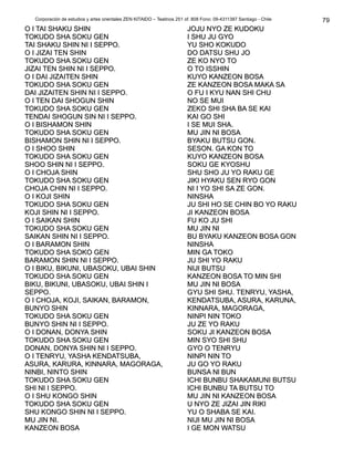 Corporación de estudios y artes orientales ZEN KITAIDO – Teatinos 251 of. 808 Fono: 09-4311387 Santiago - Chile
O I TAI SHAKU SHINO I TAI SHAKU SHIN
TOKUDO SHA SOKU GENTOKUDO SHA SOKU GEN
TAI SHAKU SHIN NI I SEPPO.TAI SHAKU SHIN NI I SEPPO.
O I JIZAI TEN SHINO I JIZAI TEN SHIN
TOKUDO SHA SOKU GENTOKUDO SHA SOKU GEN
JIZAI TEN SHIN NI I SEPPO.JIZAI TEN SHIN NI I SEPPO.
O I DAI JIZAITEN SHINO I DAI JIZAITEN SHIN
TOKUDO SHA SOKU GENTOKUDO SHA SOKU GEN
DAI JIZAITEN SHIN NI I SEPPO.DAI JIZAITEN SHIN NI I SEPPO.
O I TEN DAI SHOGUN SHINO I TEN DAI SHOGUN SHIN
TOKUDO SHA SOKU GENTOKUDO SHA SOKU GEN
TENDAI SHOGUN SIN NI I SEPPO.TENDAI SHOGUN SIN NI I SEPPO.
O I BISHAMON SHINO I BISHAMON SHIN
TOKUDO SHA SOKU GENTOKUDO SHA SOKU GEN
BISHAMON SHIN NI I SEPPO.BISHAMON SHIN NI I SEPPO.
O I SHOO SHINO I SHOO SHIN
TOKUDO SHA SOKU GENTOKUDO SHA SOKU GEN
SHOO SHIN NI I SEPPO.SHOO SHIN NI I SEPPO.
O I CHOJA SHINO I CHOJA SHIN
TOKUDO SHA SOKU GENTOKUDO SHA SOKU GEN
CHOJA CHIN NI I SEPPO.CHOJA CHIN NI I SEPPO.
O I KOJI SHINO I KOJI SHIN
TOKUDO SHA SOKU GENTOKUDO SHA SOKU GEN
KOJI SHIN NI I SEPPO.KOJI SHIN NI I SEPPO.
O I SAIKAN SHINO I SAIKAN SHIN
TOKUDO SHA SOKU GENTOKUDO SHA SOKU GEN
SAIKAN SHIN NI I SEPPO.SAIKAN SHIN NI I SEPPO.
O I BARAMON SHINO I BARAMON SHIN
TOKUDO SHA SOKO GENTOKUDO SHA SOKO GEN
BARAMON SHIN NI I SEPPO.BARAMON SHIN NI I SEPPO.
O I BIKU, BIKUNI, UBASOKU, UBAI SHINO I BIKU, BIKUNI, UBASOKU, UBAI SHIN
TOKUDO SHA SOKU GENTOKUDO SHA SOKU GEN
BIKU, BIKUNI, UBASOKU, UBAI SHIN IBIKU, BIKUNI, UBASOKU, UBAI SHIN I
SEPPO.SEPPO.
O I CHOJA, KOJI, SAIKAN, BARAMON,O I CHOJA, KOJI, SAIKAN, BARAMON,
BUNYO SHINBUNYO SHIN
TOKUDO SHA SOKU GENTOKUDO SHA SOKU GEN
BUNYO SHIN NI I SEPPO.BUNYO SHIN NI I SEPPO.
O I DONAN, DONYA SHINO I DONAN, DONYA SHIN
TOKUDO SHA SOKU GENTOKUDO SHA SOKU GEN
DONAN, DONYA SHIN NI I SEPPO.DONAN, DONYA SHIN NI I SEPPO.
O I TENRYU, YASHA KENDATSUBA,O I TENRYU, YASHA KENDATSUBA,
ASURA, KARURA, KINNARA, MAGORAGA,ASURA, KARURA, KINNARA, MAGORAGA,
NINBI, NINTO SHINNINBI, NINTO SHIN
TOKUDO SHA SOKU GENTOKUDO SHA SOKU GEN
SHI NI I SEPPO.SHI NI I SEPPO.
O I SHU KONGO SHINO I SHU KONGO SHIN
TOKUDO SHA SOKU GENTOKUDO SHA SOKU GEN
SHU KONGO SHIN NI I SEPPO.SHU KONGO SHIN NI I SEPPO.
MU JIN NI.MU JIN NI.
KANZEON BOSAKANZEON BOSA
JOJU NYO ZE KUDOKUJOJU NYO ZE KUDOKU
I SHU JU GYOI SHU JU GYO
YU SHO KOKUDOYU SHO KOKUDO
DO DATSU SHU JODO DATSU SHU JO
ZE KO NYO TOZE KO NYO TO
O TO ISSHINO TO ISSHIN
KUYO KANZEON BOSAKUYO KANZEON BOSA
ZE KANZEON BOSA MAKA SAZE KANZEON BOSA MAKA SA
O FU I KYU NAN SHI CHUO FU I KYU NAN SHI CHU
NO SE MUINO SE MUI
ZEKO SHI SHA BA SE KAIZEKO SHI SHA BA SE KAI
KAI GO SHIKAI GO SHI
I SE MUI SHA.I SE MUI SHA.
MU JIN NI BOSAMU JIN NI BOSA
BYAKU BUTSU GON.BYAKU BUTSU GON.
SESON.SESON. GA KON TOGA KON TO
KUYO KANZEON BOSAKUYO KANZEON BOSA
SOKU GE KYOSHUSOKU GE KYOSHU
SHU SHO JU YO RAKU GESHU SHO JU YO RAKU GE
JIKI HYAKU SEN RYO GONJIKI HYAKU SEN RYO GON
NI I YO SHI SA ZE GON.NI I YO SHI SA ZE GON.
NINSHANINSHA
JU SHI HO SE CHIN BO YO RAKUJU SHI HO SE CHIN BO YO RAKU
JI KANZEON BOSAJI KANZEON BOSA
FU KO JU SHIFU KO JU SHI
MU JIN NIMU JIN NI
BU BYAKU KANZEON BOSA GONBU BYAKU KANZEON BOSA GON
NINSHANINSHA
MIN GA TOKOMIN GA TOKO
JU SHI YO RAKUJU SHI YO RAKU
NIJI BUTSUNIJI BUTSU
KANZEON BOSA TO MIN SHIKANZEON BOSA TO MIN SHI
MU JIN NI BOSAMU JIN NI BOSA
GYU SHI SHU.GYU SHI SHU. TENRYU, YASHA,TENRYU, YASHA,
KENDATSUBA, ASURA, KARUNA,KENDATSUBA, ASURA, KARUNA,
KINNARA, MAGORAGA,KINNARA, MAGORAGA,
NINPI NIN TOKONINPI NIN TOKO
JU ZE YO RAKUJU ZE YO RAKU
SOKU JI KANZEON BOSASOKU JI KANZEON BOSA
MIN SYO SHI SHUMIN SYO SHI SHU
GYO O TENRYUGYO O TENRYU
NINPI NIN TONINPI NIN TO
JU GO YO RAKUJU GO YO RAKU
BUNSA Nl BUNBUNSA Nl BUN
ICHI BUNBU SHAKAMUNI BUTSUICHI BUNBU SHAKAMUNI BUTSU
ICHI BUNBU TA BUTSU TOICHI BUNBU TA BUTSU TO
MU JIN NI KANZEON BOSAMU JIN NI KANZEON BOSA
U NYO ZE JIZAI JIN RIKIU NYO ZE JIZAI JIN RIKI
YU O SHABA SE KAI.YU O SHABA SE KAI.
NIJI MU JIN NI BOSANIJI MU JIN NI BOSA
I GE MON WATSUI GE MON WATSU
79
 