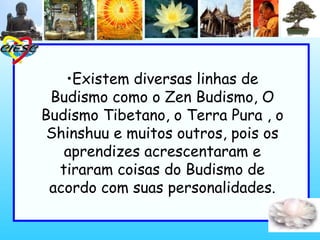 •Existem diversas linhas de
Budismo como o Zen Budismo, O
Budismo Tibetano, o Terra Pura , o
Shinshuu e muitos outros, pois os
aprendizes acrescentaram e
tiraram coisas do Budismo de
acordo com suas personalidades.
 