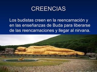 CREENCIAS
Los budistas creen en la reencarnación y
en las enseñanzas de Buda para liberarse
de las reencarnaciones y llegar al nirvana.