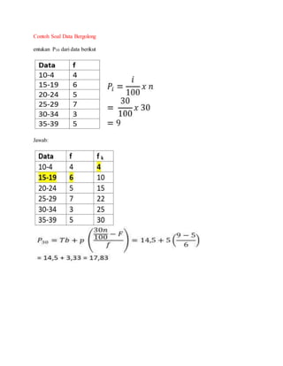 Contoh Soal Data Bergolong
entukan P30 dari data berikut
Jawab:
 