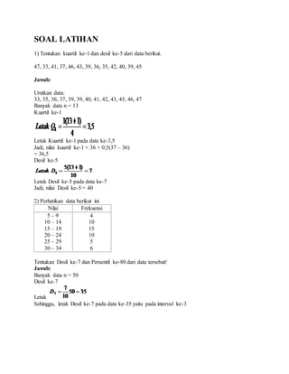 SOAL LATIHAN
1) Tentukan kuartil ke-1 dan desil ke-5 dari data berikut.
47, 33, 41, 37, 46, 43, 39, 36, 35, 42, 40, 39, 45
Jawab:
Urutkan data:
33, 35, 36, 37, 39, 39, 40, 41, 42, 43, 45, 46, 47
Banyak data n = 13
Kuartil ke-1
Letak Kuartil ke-1 pada data ke-3,5
Jadi, nilai kuartil ke-1 = 36 + 0,5(37 – 36)
= 36,5
Desil ke-5
Letak Desil ke-5 pada data ke-7
Jadi, nilai Desil ke-5 = 40
2) Perhatikan data berikut ini
Nilai Frekuensi
5 – 9
10 – 14
15 – 19
20 – 24
25 – 29
30 – 34
4
10
15
10
5
6
Tentukan Desil ke-7 dan Persentil ke-80 dari data tersebut!
Jawab:
Banyak data n = 50
Desil ke-7
Letak
Sehingga, letak Desil ke-7 pada data ke-35 yaitu pada interval ke-3
 