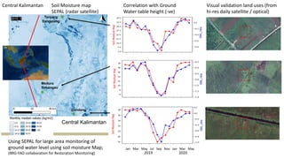 Medura
Sebangau
Tanjung
Sangalang
Dandang
Jan Mar May Jul Sep Nov Jan Mar May
2019 2020
Central Kalimantan Soil Moisture map
SEPAL (radar satellite)
Visual validation land uses (from
hi-res daily satellite / optical)
Correlation with Ground
Water table height (-ve)
Using SEPAL for large area monitoring of
ground water level using soil moisture Map;
(BRG-FAO collaboration for Restoration Monitoring)
 