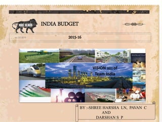 INDIA BUDGET
2015-16
VISION 2022 of
Team India
BY :-SHREE HARSHA LN, PAVAN C
AND
DARSHAN S P
 