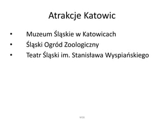 Atrakcje Katowic
• Muzeum Śląskie w Katowicach
• Śląski Ogród Zoologiczny
• Teatr Śląski im. Stanisława Wyspiańskiego
WSB
 