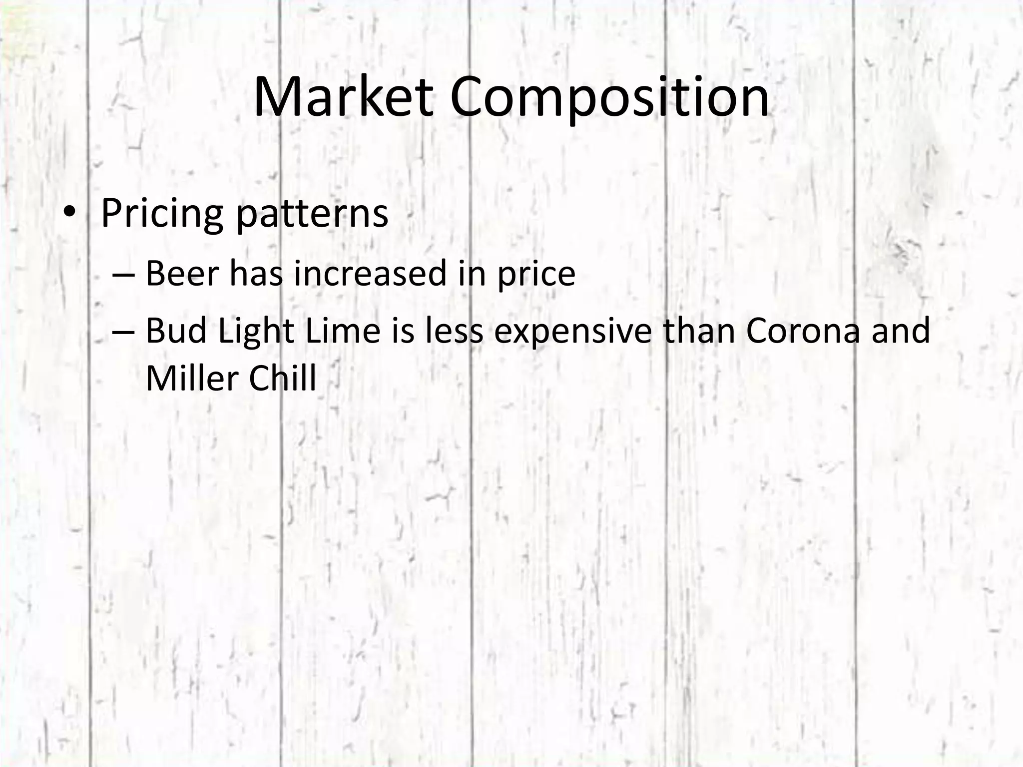 Market CompositionPricing patternsBeer has increased in priceBud Light Lime is less expensivethan Corona and Miller Chill
