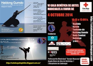 Haidong Gumdo 
Delegación Catalana 
Juche Kwan 
Instructor: Andreu Martínez 
687 537 955 
Pasaje Toledo, 12–14 
juchekwan.org 
Barcelona 
Hospitalet Gimnasio Olímpico 
Instructor: Francisco Burgos 
670 537 106 
Rambla Marina, 264 
catalunyahapkido.blogspot.com 
St. Pere de Ribes Centre Artis-Club Taijitu 
Instructor: Carlos Berkenbusch 
672 682 102 
Jaume Balmes, 25 
taekwon-do-itf-club-taijitu.org 
Ullastrell Associació Gimnàstica Ullastrell 
Instructor: Juli Díaz 
 
Más información: 687 527 714 
www.haidonggumdocat.org 
Prat de la Riba, 14 bis 
hdgumdocat@gmail.com 
agu07.net 
 
	 
		 
D 
DELEGACIÓ EL O 
LE EG DMD GAC GACIÓ ACIÓ ACICIÓ GG GU GUMDO 
UM Ó CA 
CATALANA AT TA AL ANALA EH HAIDONG AID DON NG DE D HA  