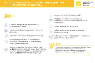 C
У середньостроковому періоді зусилля Уряду будуть
спрямовані на підтримку макроекономічної
стабільності та стимулювання економіки для
подолання негативних наслідків COVID-19
ОСНОВНА МЕТА ТА ПРІОРИТЕТИ БЮДЖЕТНОЇ
ДЕКЛАРАЦІЇ НА 2022-2024
зростання
зарплат
учителів
стимулювання розвитку малого та
середнього бізнесу
посилення обороноздатності і безпеки
держави
розвиток агропромислового комплексу
формування чистого та безпечного
довкілля, збереження та відновлення
природних екосистем
розвиток адміністративних послуг та їх
цифровізацію, інформатизацію суспільства,
сприяння розвитку ІТ-бізнесу, підвищення
рівня цифрової грамотності українців
посилення енергонезалежності
створення ефективної соціальної
підтримки та пенсійного забезпечення
населення
забезпечення якісної освіти
забезпечення доступу до основних
медичних послуг
підвищення рівня прозорості в управлінні
державними фінансами
МЕТА
1
 