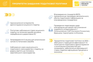 C
Пріоритетом податкової політики на 2022 –
2024 роки є підвищення ефективності та
полегшення податкового адміністрування
з мінімізацією можливостей для
зловживань, забезпечення відповідності
ставок податків інфляційним процесам в
економіці
ПРІОРИТЕТНІ ЗАВДАННЯ ПОДАТКОВОЇ ПОЛІТИКИ
зростання
зарплат
учителів
Удосконалення інструментів
адміністрування акцизного податку
Поступове наближення ставок акцизного
податку на тютюнові вироби до рівня,
передбаченого директивою ЄС
Запровадження Е-акцизу для алкогольних
напоїв та тютюнових виробів
Наближення норм національного
податкового законодавства з податку на
додану вартість до положень
європейського законодавства.
Впровадження стандартів BEPS,
приєднання до процедури автоматичного
обміну податковою інформацією за
міжнародними стандартами
Проведення переговорів щодо
міжнародних договорів про уникнення
подвійного оподаткування з
Ліхтенштейном, САР Сянганом (Гонконгом),
Францією, Чорногорією та Японією.
%
6
 