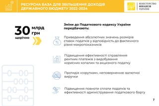 C
Підвищення повноти сплати податків та
ефективності адміністрування податкового боргу
Зміни до Податкового кодексу України
передбачають:
млрд
грн
30
зростання
зарплат
учителів
РЕСУРСНА БАЗА ДЛЯ ЗБІЛЬШЕННЯ ДОХОДІВ
ДЕРЖАВНОГО БЮДЖЕТУ 2022-2024
Приведення абсолютних значень розмірів
ставок податків у відповідність до фактичного
рівня макропоказників
Протидія «скруткам», неповерненню валютної
виручки
Підвищення ефективності справляння
рентних платежів з видобування
корисних копалин та акцизного податку
щорічно
7
 