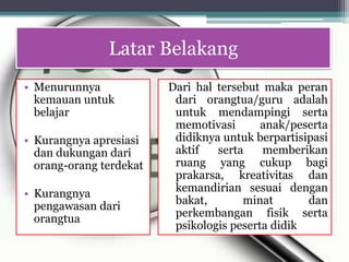Latar Belakang
• Menurunnya
kemauan untuk
belajar
• Kurangnya apresiasi
dan dukungan dari
orang-orang terdekat
• Kurangnya
pengawasan dari
orangtua
Dari hal tersebut maka peran
dari orangtua/guru adalah
untuk mendampingi serta
memotivasi anak/peserta
didiknya untuk berpartisipasi
aktif serta memberikan
ruang yang cukup bagi
prakarsa, kreativitas dan
kemandirian sesuai dengan
bakat, minat dan
perkembangan fisik serta
psikologis peserta didik
 