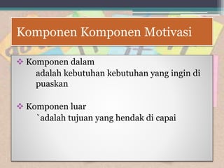 Komponen Komponen Motivasi
 Komponen dalam
adalah kebutuhan kebutuhan yang ingin di
puaskan
 Komponen luar
`adalah tujuan yang hendak di capai
 