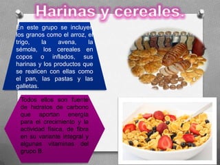 En este grupo se incluyen
los granos como el arroz, el
trigo, la avena, la
sémola, los cereales en
copos o inflados, sus
harinas y los productos que
se realicen con ellas como
el pan, las pastas y las
galletas.
Todos ellos son fuente
de hidratos de carbono
que aportan energía
para el crecimiento y la
actividad física, de fibra
en su variante integral y
algunas vitaminas del
grupo B.
 