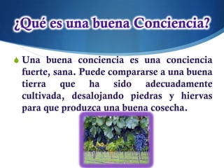 S Una buena conciencia es una conciencia
 fuerte, sana. Puede compararse a una buena
 tierra que ha sido adecuadamente
 cultivada, desalojando piedras y hiervas
 para que produzca una buena cosecha.
 