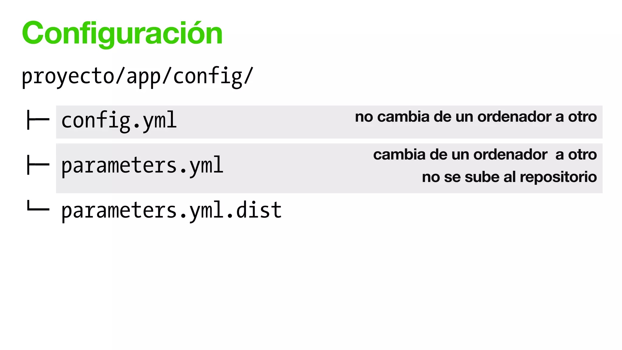 Configuración
no cambia de un ordenador a otro
cambia de un ordenador a otro
no se sube al repositorio
proyecto/app/config/
!" config.yml
!" parameters.yml
$" parameters.yml.dist
 