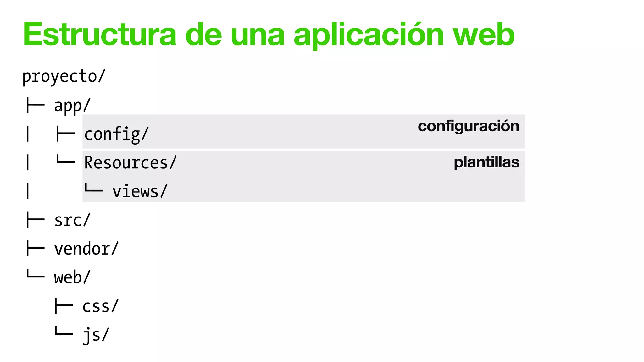 Estructura de una aplicación web
configuración
plantillas
proyecto/
!" app/
# !" config/
# $" Resources/
# $" views/
!" src/
!" vendor/
$" web/
!" css/
$" js/
 