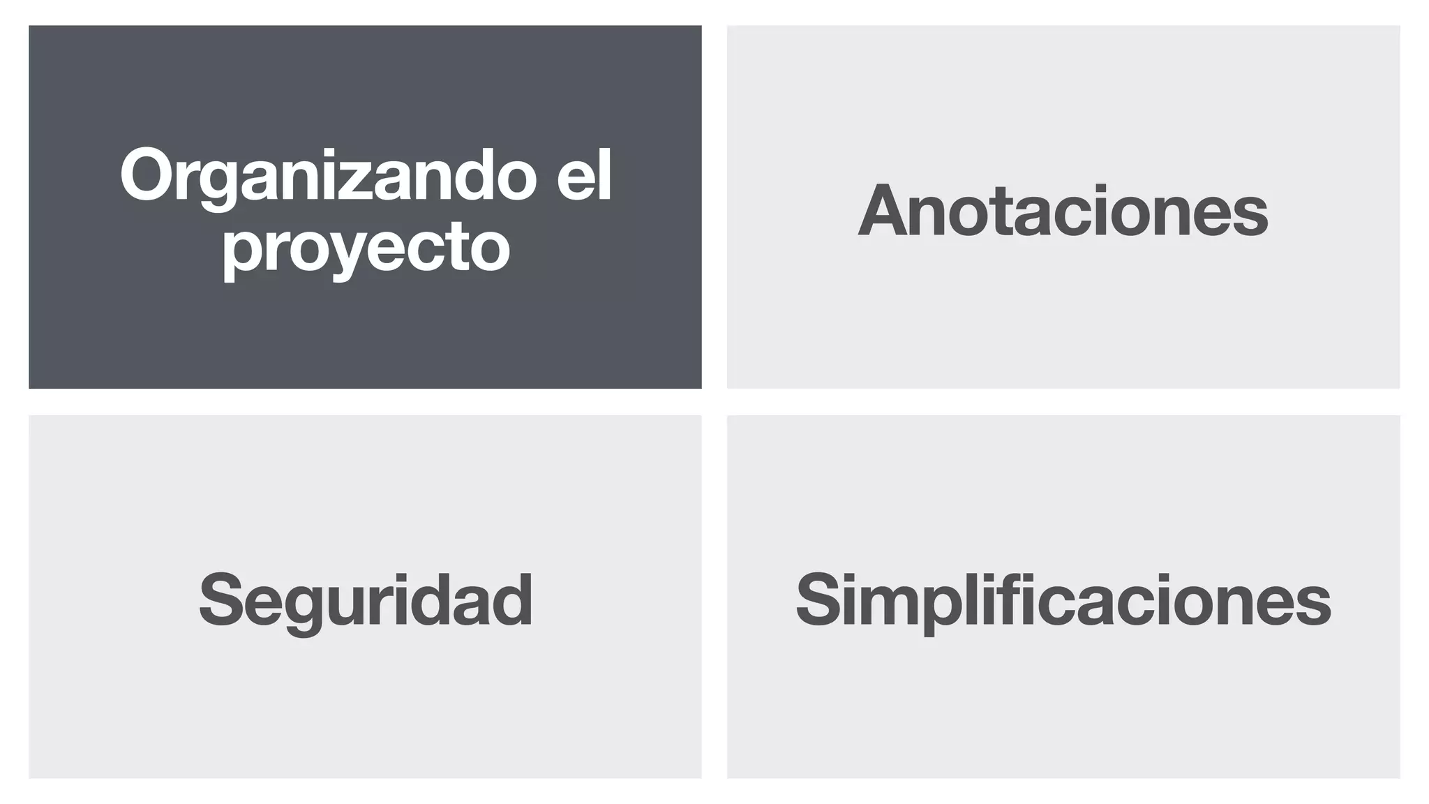 Organizando el
proyecto
Seguridad
Anotaciones
Simplificaciones
 
