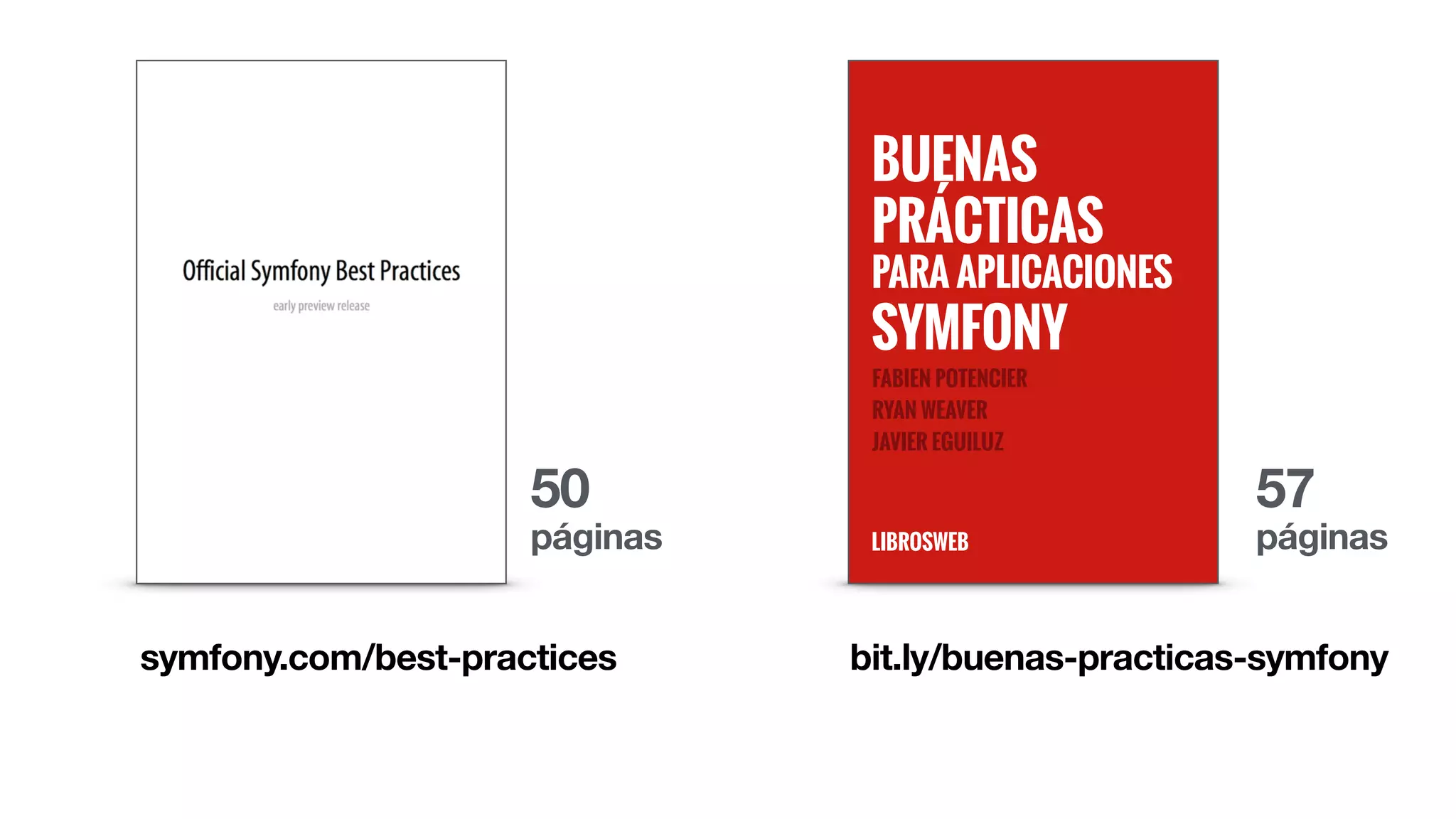 symfony.com/best-practices
LIBROSWEB
FABIEN POTENCIER
RYAN WEAVER
JAVIER EGUILUZ
BUENAS
PRÁCTICAS
PARA APLICACIONES
SYMFONY
bit.ly/buenas-practicas-symfony
50
páginas
57
páginas
 