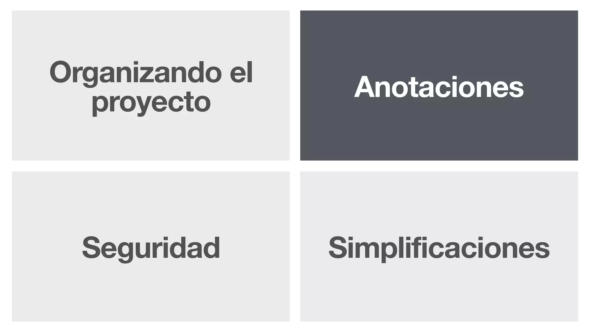 Organizando el
proyecto
Seguridad
Anotaciones
Simplificaciones
 