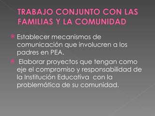 Establecer mecanismos de comunicación que involucren a los padres en PEA. Elaborar proyectos que tengan como eje el compromiso y responsabilidad de la Institución Educativa  con la problemática de su comunidad. 